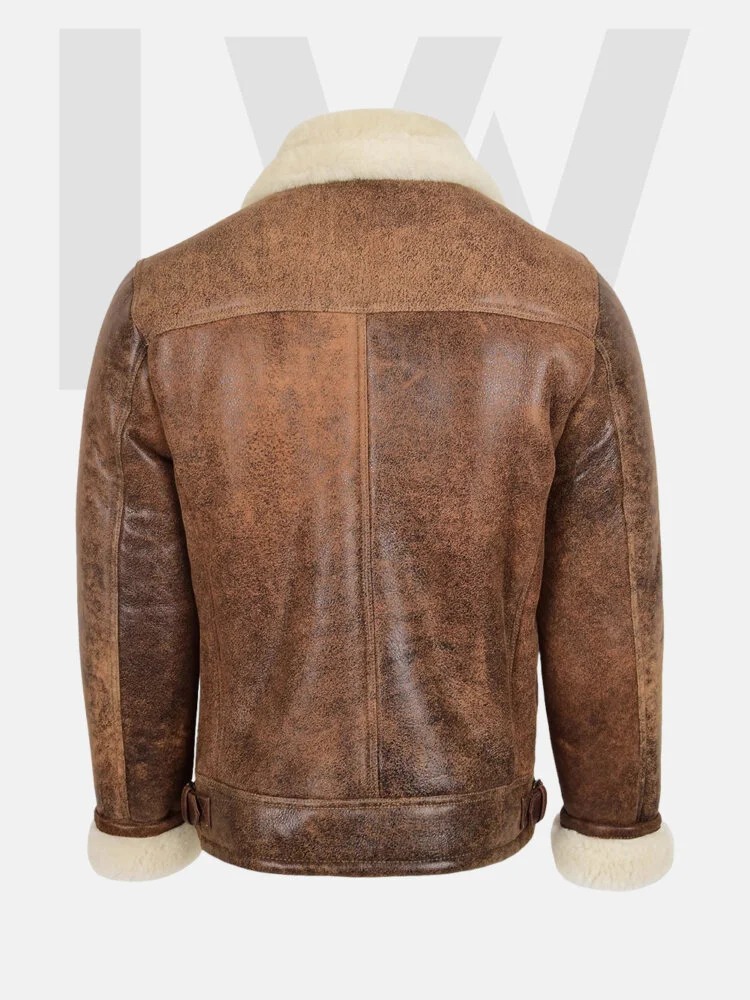 Leathwear Danio Vintage Brown Leather Biker Jacket Men With White Fur Back Side