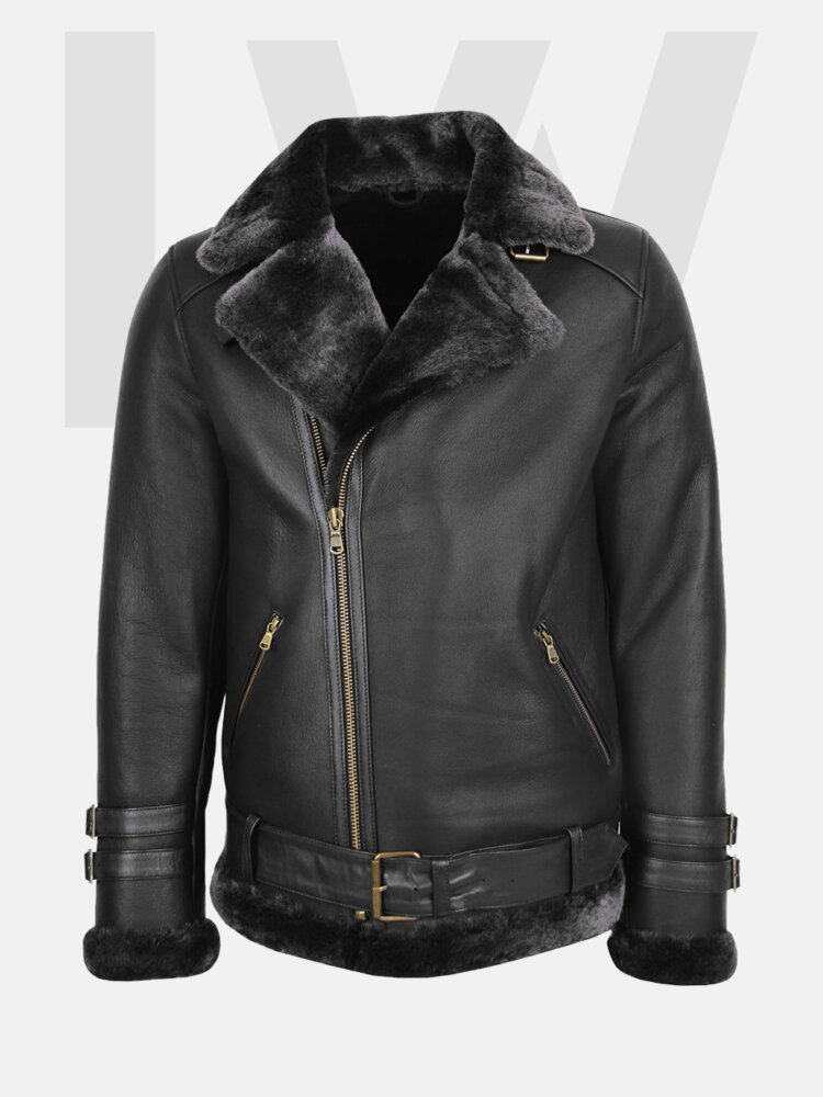 Leathwear Dempsey Black Leather Biker Jacket Men With Fur Front Side