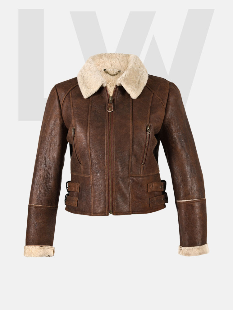 Leathwear Dorado Women’s Distressed Brown Leather Jacket With Fur Front Side