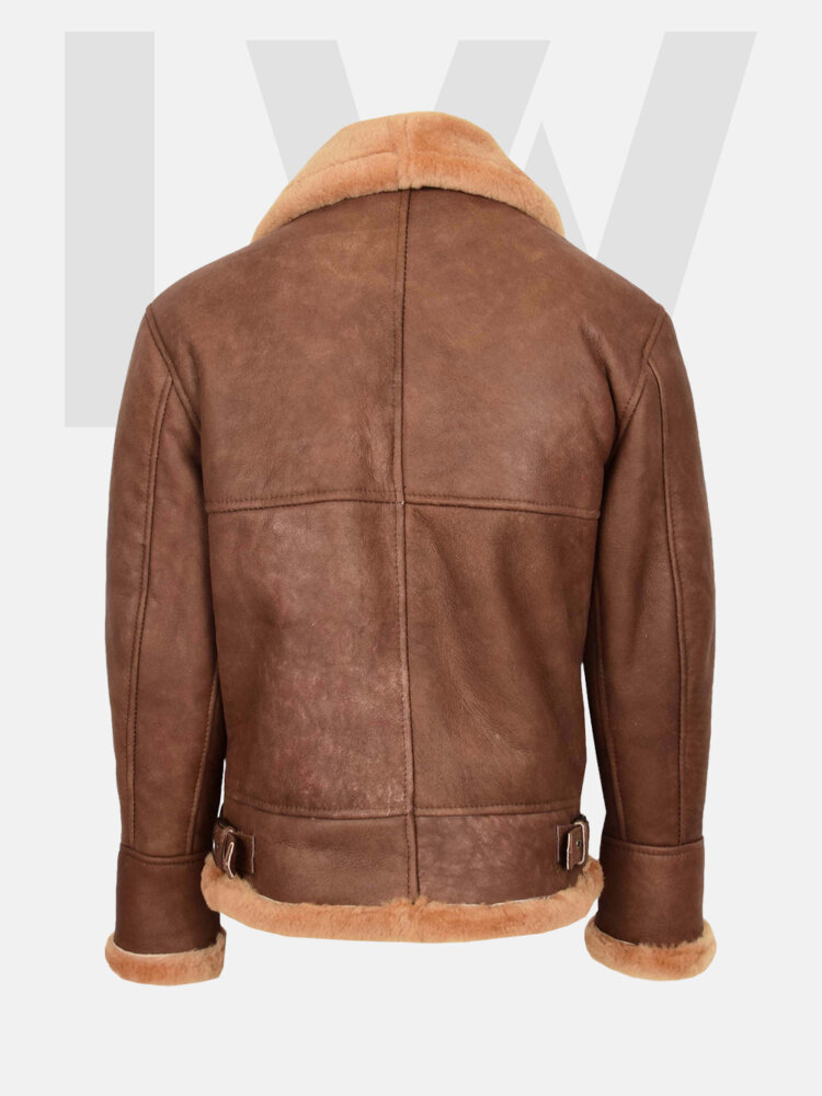 Leathwear Poacher B3 Vintage Tan Bomber Jacket Men's With Brown Fur Back Side