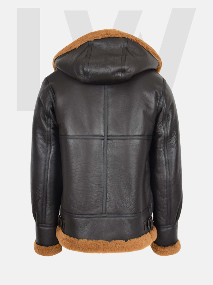 Leathwear Tommy Ruff B3 Brown Bomber Jacket with Fur Hood Detachable Back Side