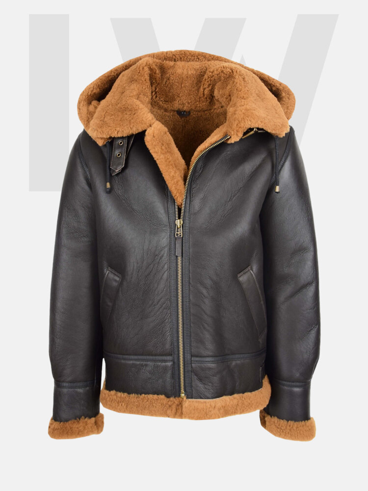 Leathwear Tommy Ruff B3 Brown Bomber Jacket with Fur Hood Detachable Front Side