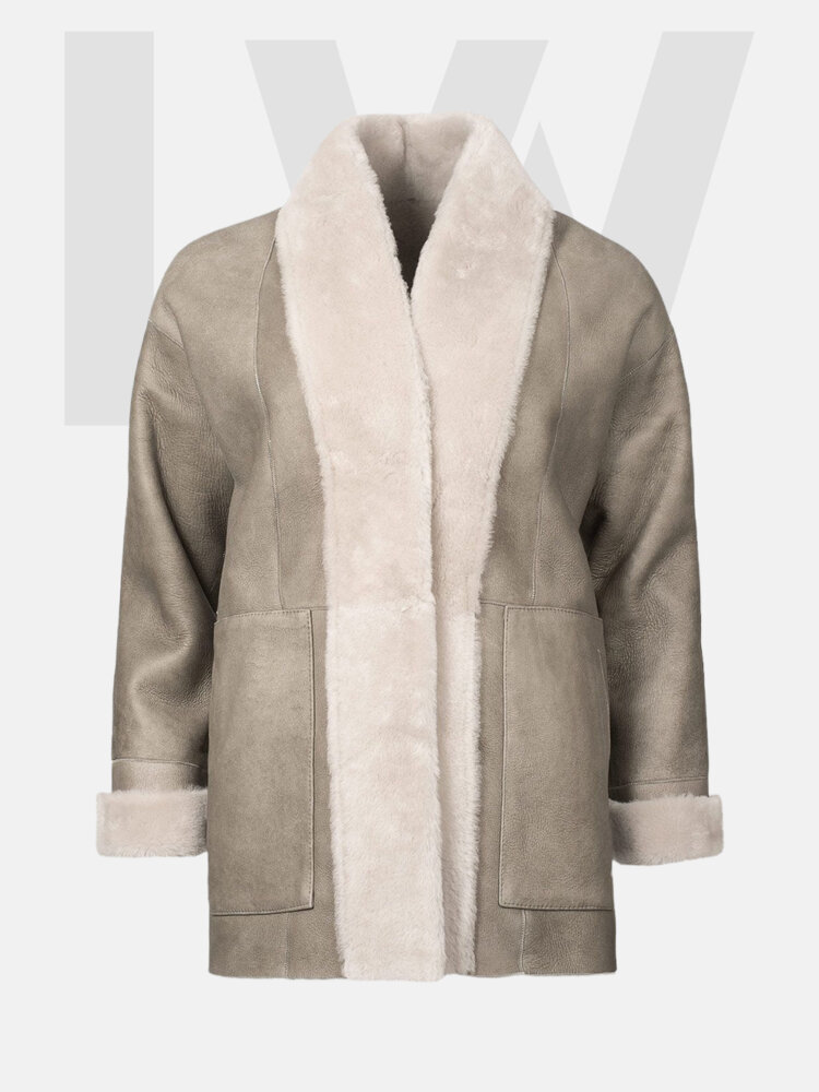 Leathwear Zingel Grey Leather Coat Women's With Fur Front Side