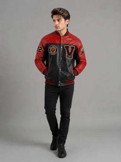 Men's Red and Black Leather Letterman Varsity Jacket