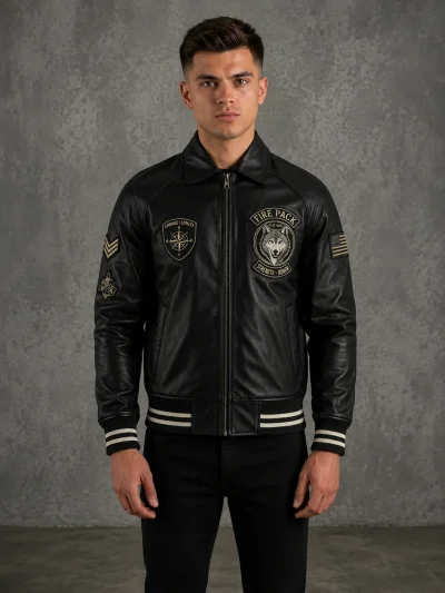 Men’s Black Leather Varsity Jacket – Classic Letterman Bomber