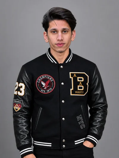 Men’s Black Varsity Bomber Jacket for Modern Streetwear