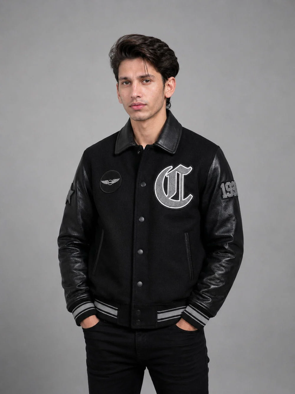 Men’s-Black-Varsity-Style-Jacket-–-Wool-Letterman-Jacket-Retro-Streetwear (1) Men’s black wool varsity jacket front view