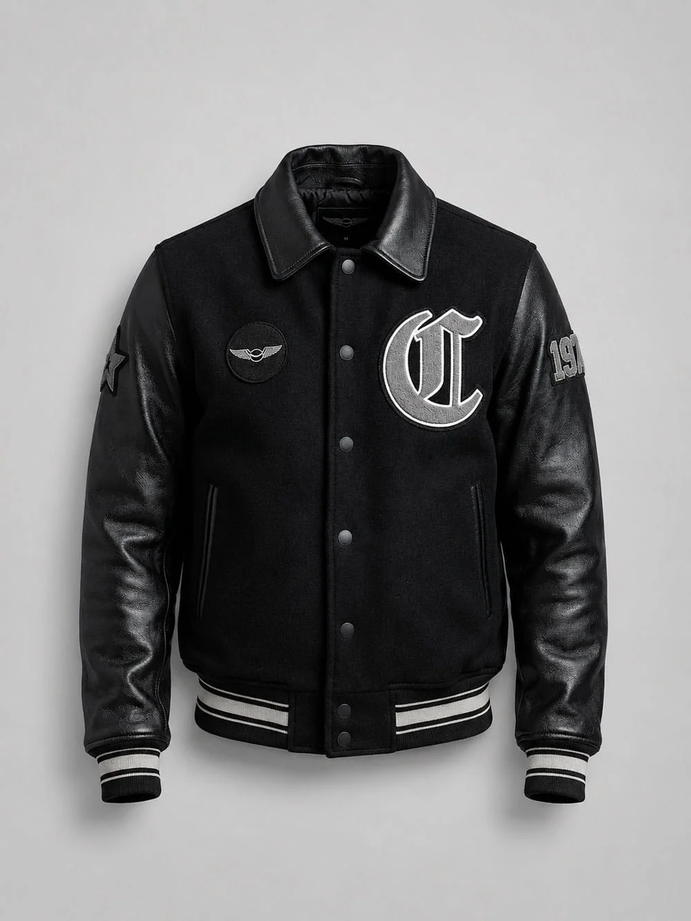 Men’s-Black-Varsity-Style-Jacket-–-Wool-Letterman-Jacket-Retro-Streetwear-front (1) Retro black varsity coat for men streetwear