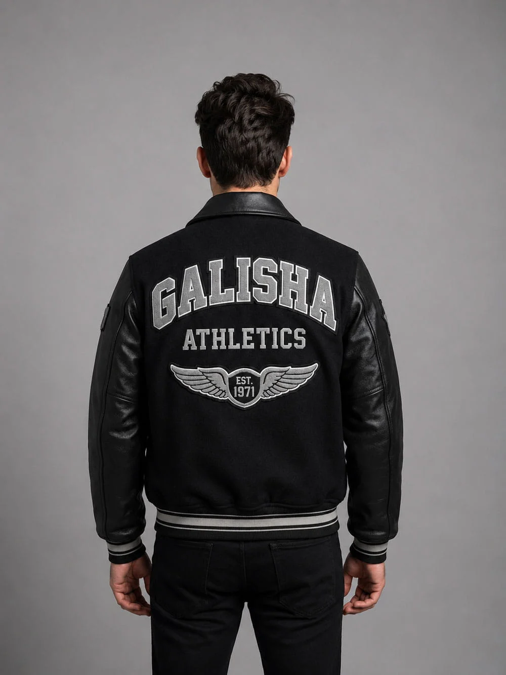 Men’s-Black-Varsity-Style-Jacket-–-Wool-Letterman-Jacket-Retro-Streetwear-modelback (1) Premium black letterman jacket with leather sleeves