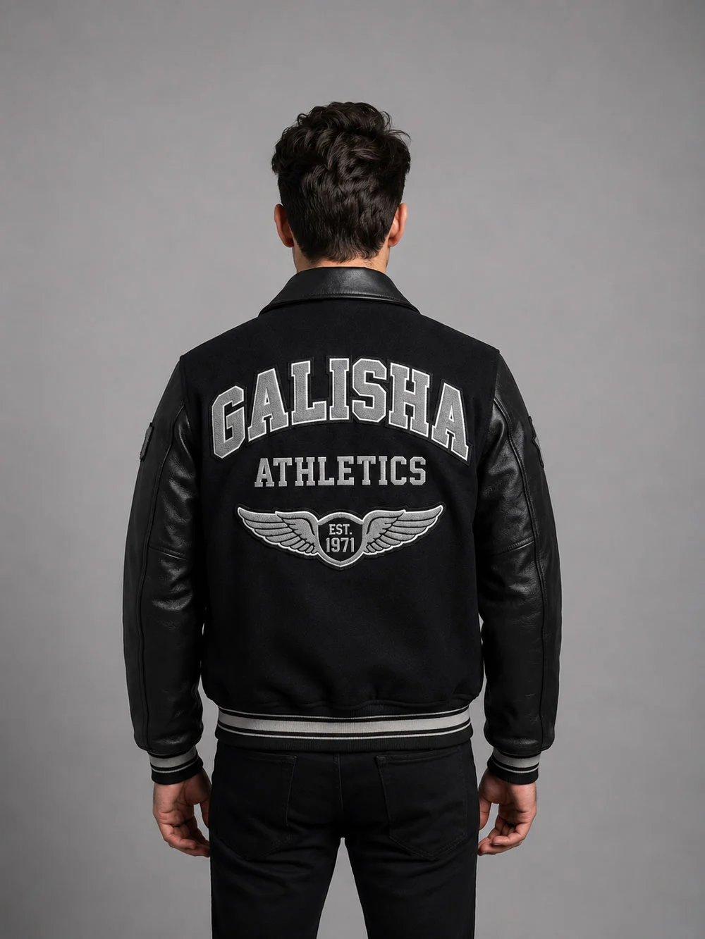 Men’s-Black-Varsity-Style-Jacket-–-Wool-Letterman-Jacket-Retro-Streetwear-modelback Classic black varsity bomber jacket for men