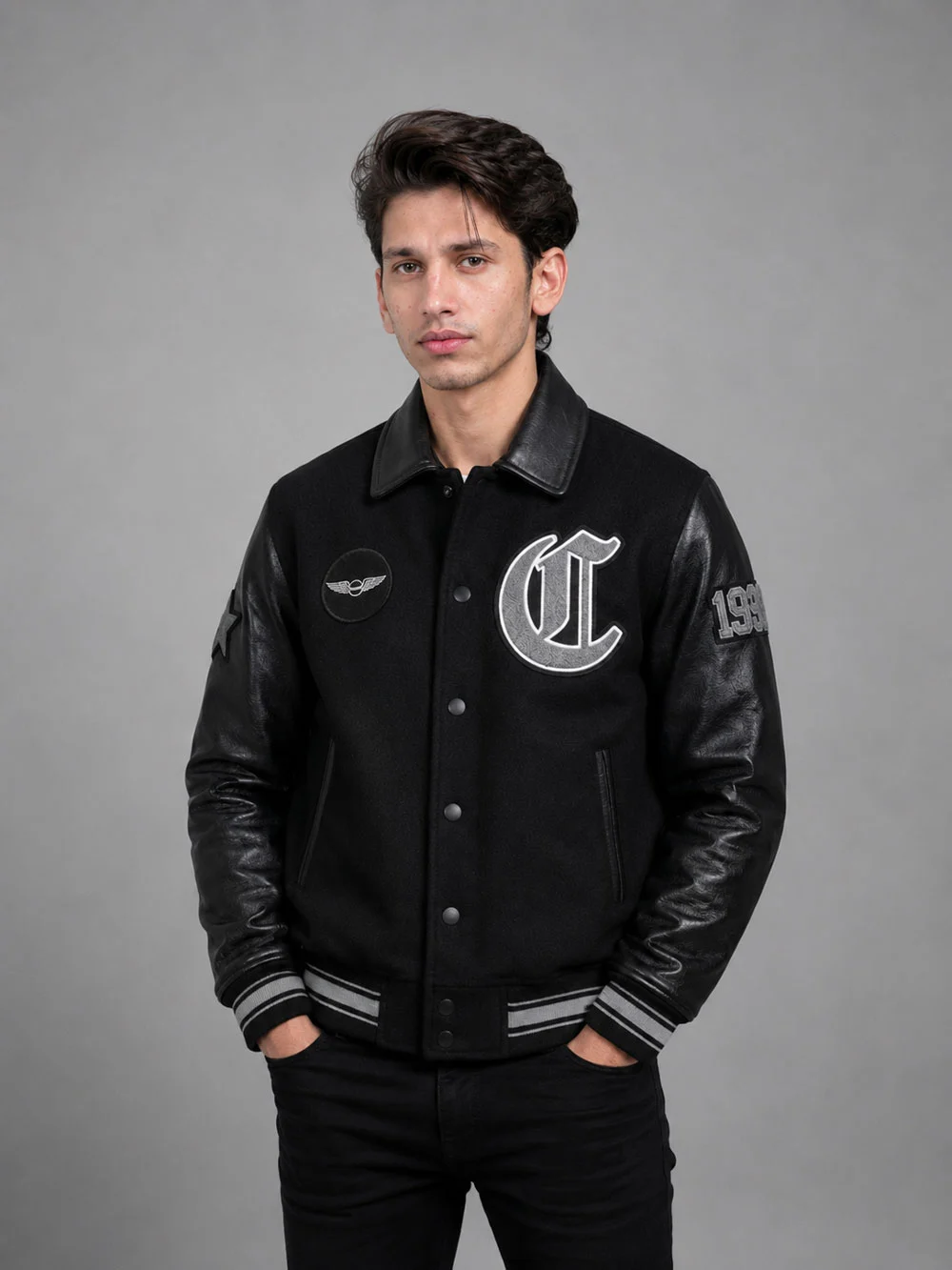 Men’s-Black-Varsity-Style-Jacket-–-Wool-Letterman-Jacket-Retro-Streetwear Men’s black white varsity jacket front view