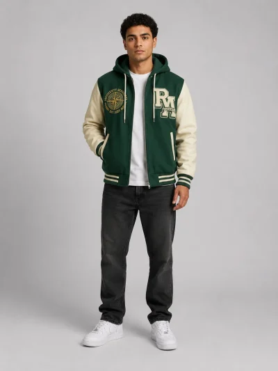 Men’s Hooded Varsity Letterman Jacket for Casual Streetwear