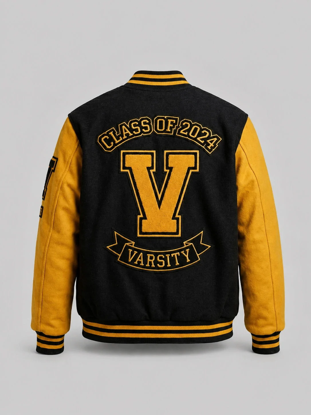 Men’s-Yellow-&-Black-Wool-Varsity-Jacket-–-Retro-Letterman-Streetwear-Style-back Retro varsity jacket for men with athletic design