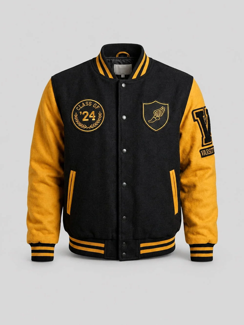 Men’s-Yellow-&-Black-Wool-Varsity-Jacket-–-Retro-Letterman-Streetwear-Style-front Black and yellow streetwear varsity jacket for casual wear