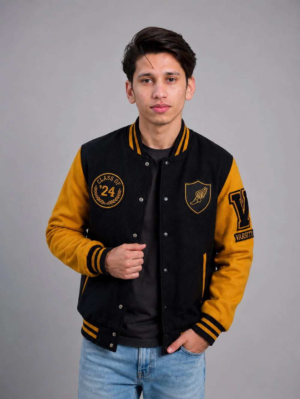 Men’s-Yellow-&-Black-Wool-Varsity-Jacket-–-Retro-Letterman-Streetwear-Style-model Men’s black varsity jacket with yellow sleeves front view