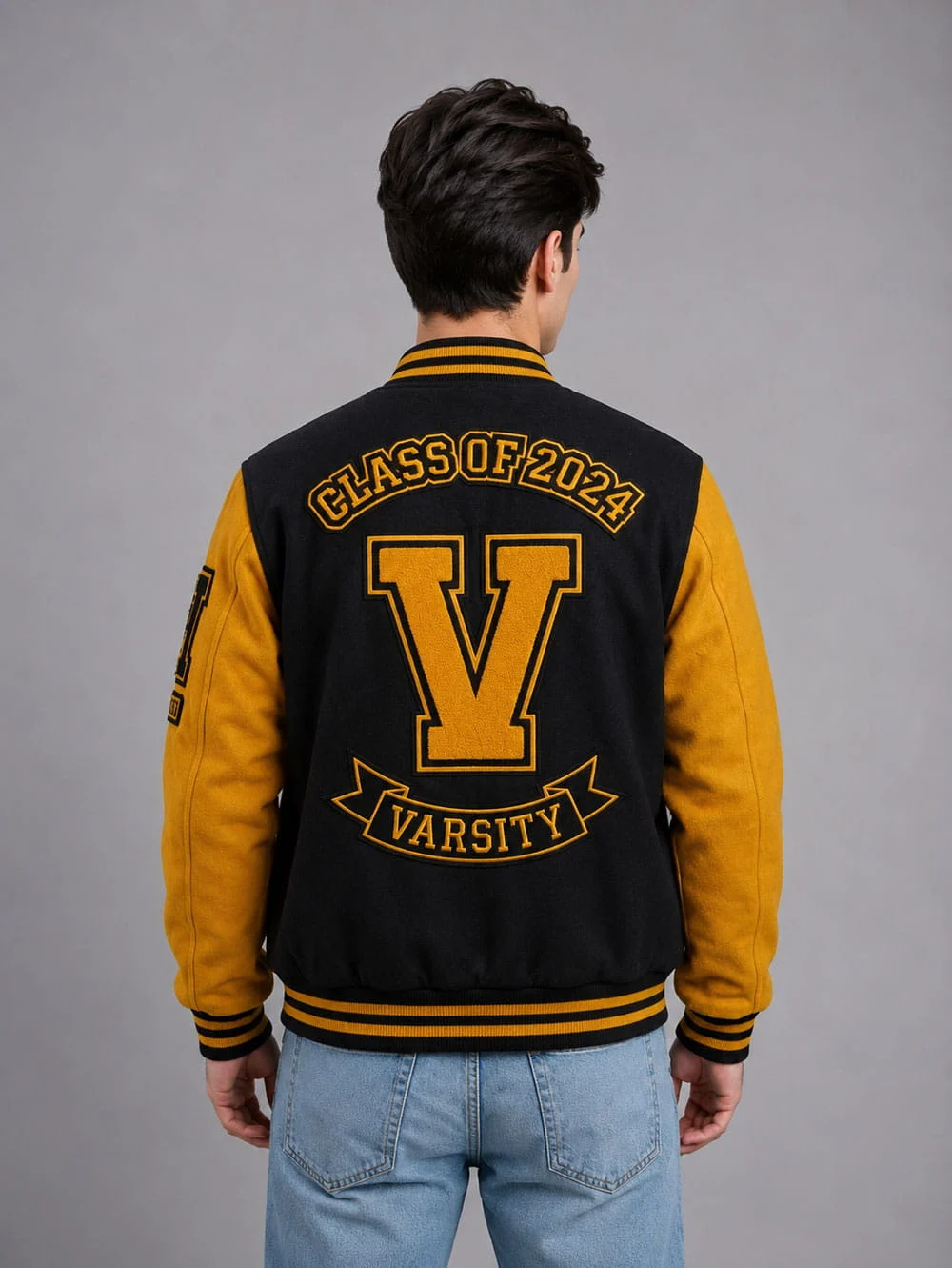 Men’s-Yellow-&-Black-Wool-Varsity-Jacket-–-Retro-Letterman-Streetwear-Style Yellow and black letterman bomber jacket for men