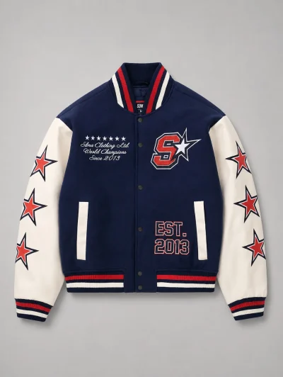 Make a Statement in This Navy Leather Varsity Jacket