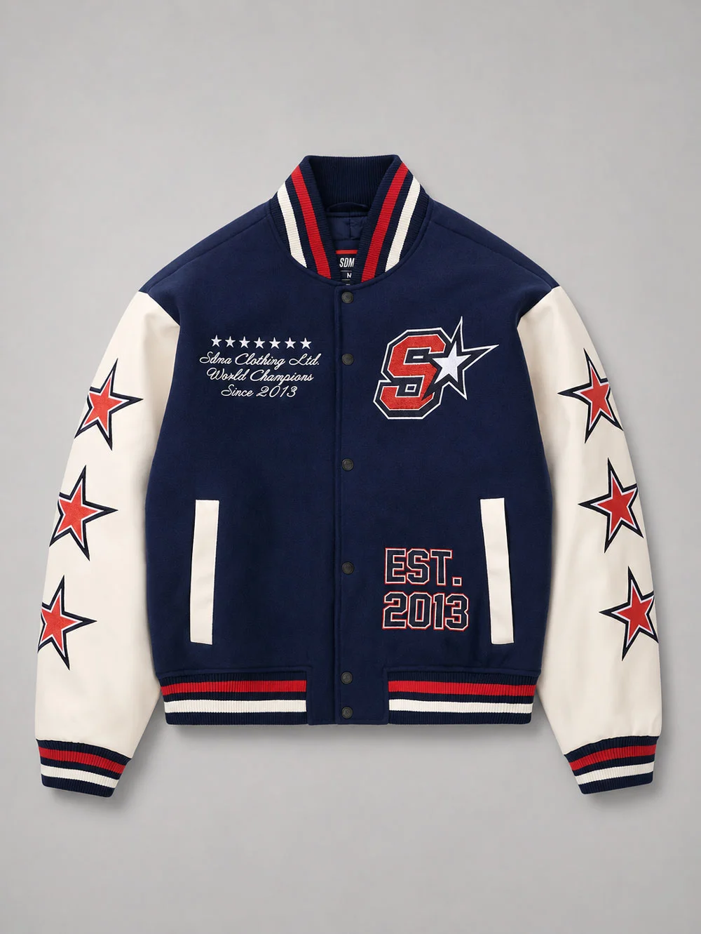 Navy-leather-varsity-jacket-front-view-with-cream-sleeves Navy leather varsity jacket front view with cream sleeves