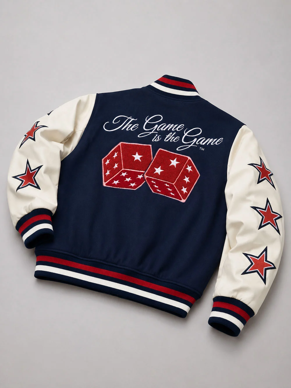 Navy-letterman-jacket-with-striped-collar-and-snap-closure Navy letterman jacket with striped collar and snap closure