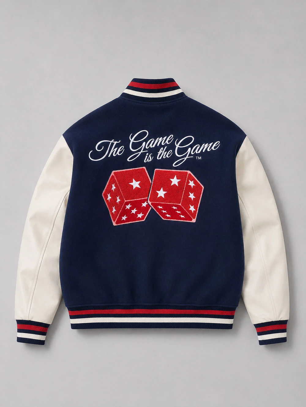 Navy-star-patch-varsity-jacket-with-red-and-cream-detailing Navy star patch varsity jacket with red and cream detailing