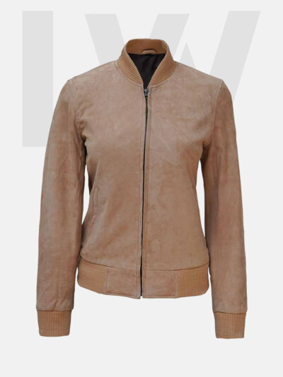 Blenny Camel Brown Suede Leather Bomber Jacket Women's