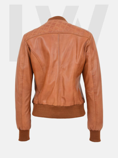 Leathwear Blenny Tan Brown Quilted Leather Bomber Jacket Women’s Back Side