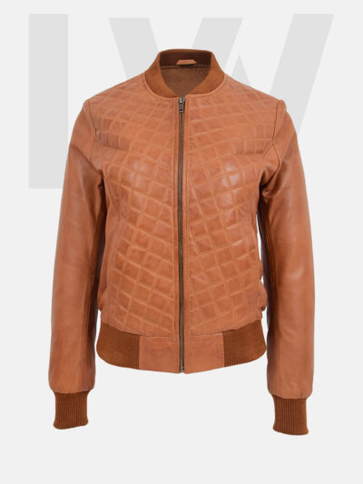 Blenny Tan Brown Quilted Leather Bomber Jacket Women's
