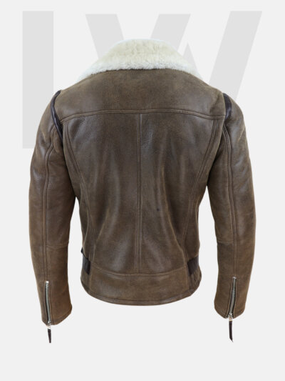 Leathwear Bocaccio Brown Leather Biker Jacket Men With White Fur Back Side