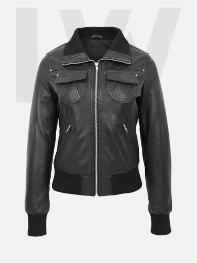 Bonito Black Leather Bomber Jacket Women's