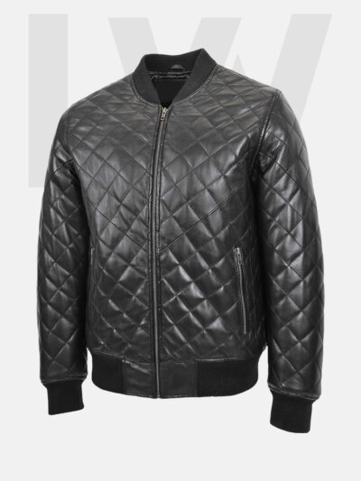 Croaker Black Quilted Leather Bomber Jacket Men's