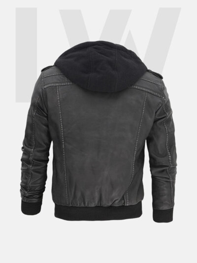 Leathwear Dace Black Leather Bomber Jacket Men’s With Detachable Hood Back Side