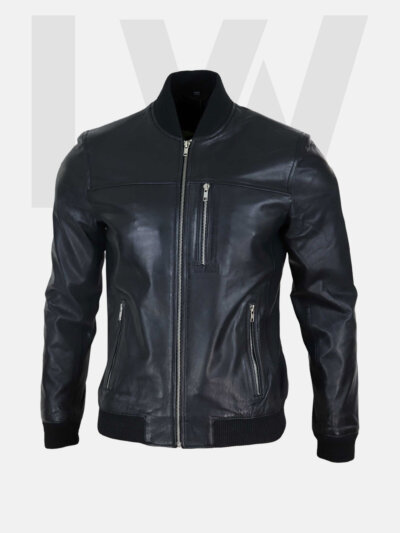 Leathwear Darter Black Leather Bomber Jacket Men’s Front Side
