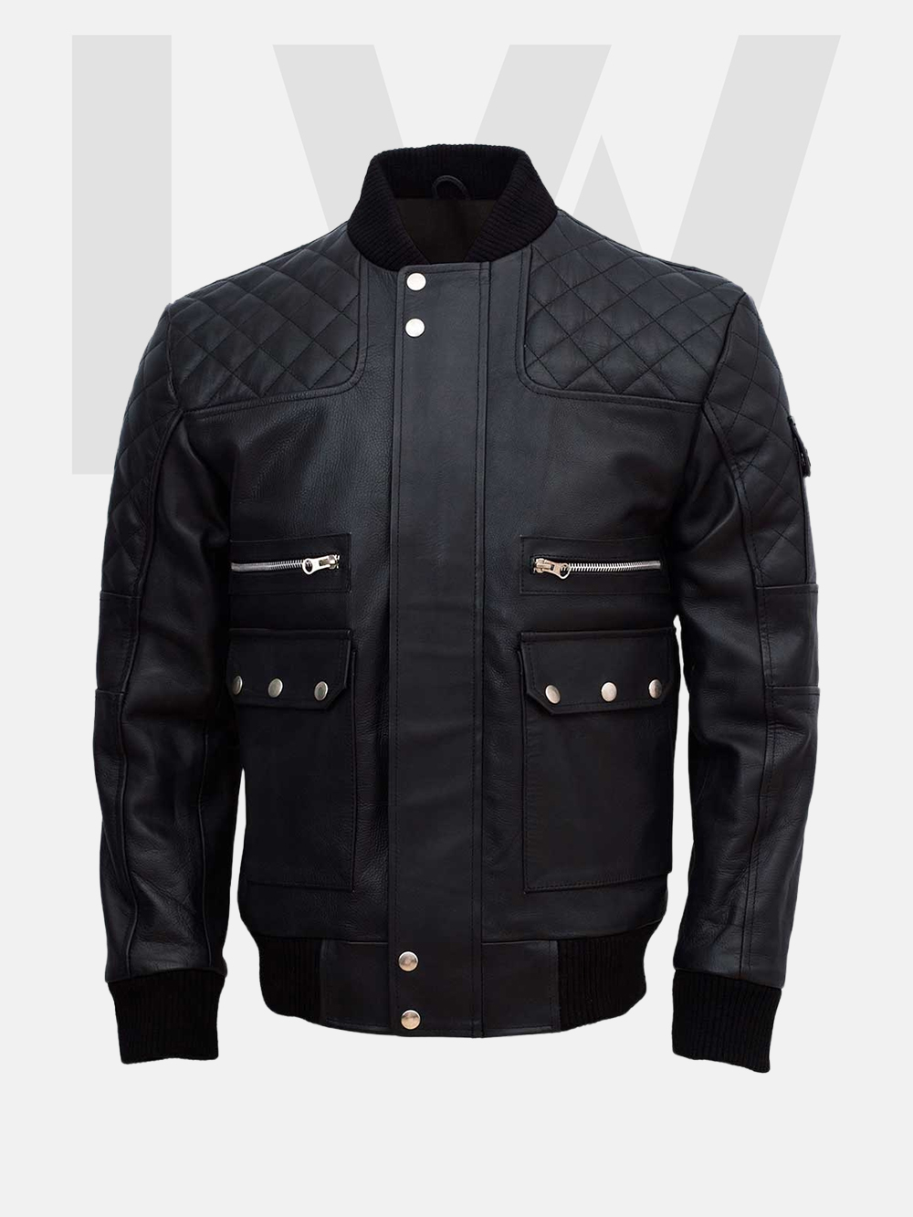 Leathwear Devario Black Leather Bomber Jacket Men's Front Side Leathwear Devario Black Leather Bomber Jacket Men's Front Side