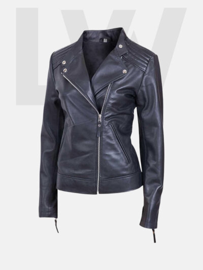 Leathwear Finback Black Leather Biker Jacket Women Front Side