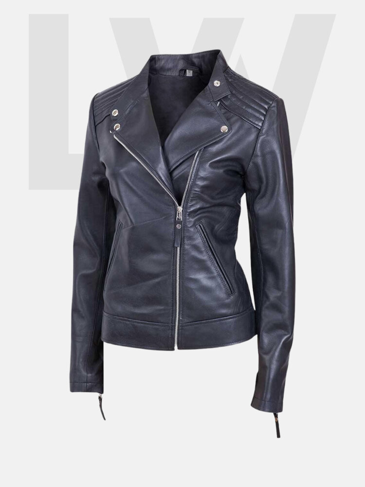 Leathwear Finback Black Leather Biker Jacket Women Front Side