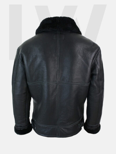 Leathwear Flounder Men’s Black Leather Jacket With Black Fur Back Side