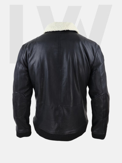 Leathwear Grunion MA-1 Black Leather Bomber Jacket Men’s With Fur Collar Front Side
