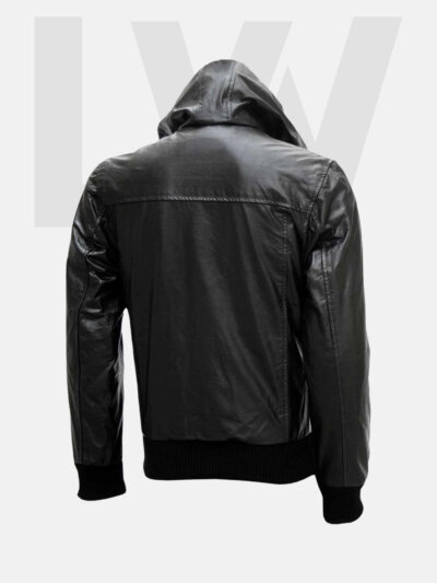 Leathwear Hamlet Black Leather Bomber Jacket Men’s With Hood Back Side