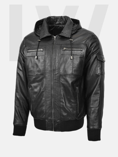Leathwear Herring Black Leather Bomber Jacket Men’s With Detachable Hood Back Side