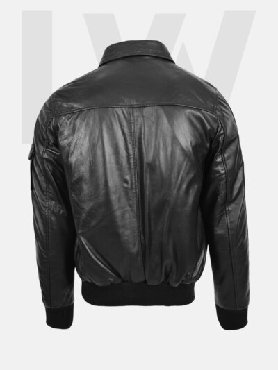 Leathwear Herring Black Leather Bomber Jacket Men’s With Detachable Hood Front Side
