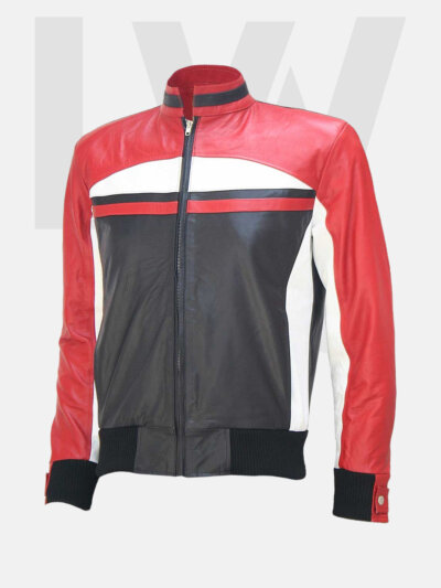 Kanyu Red Black White Leather Bomber Jacket Men's