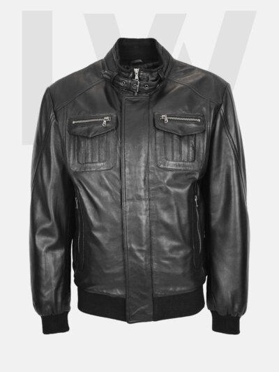 Leathwear Labyrinth Black Leather Bomber Jacket Men’s Front Side