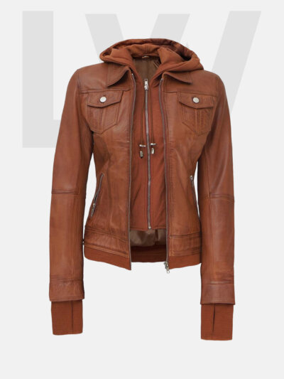 Orfe Brown Leather Bomber Jacket Women’s With Hood