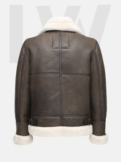 Leathwear Poacher B3 Distressed Brown Bomber Jacket Men With White Fur Back Side