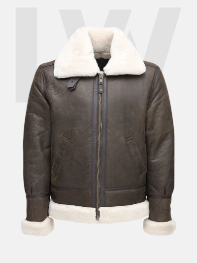 Leathwear Poacher B3 Distressed Brown Bomber Jacket Men With White Fur Front Side