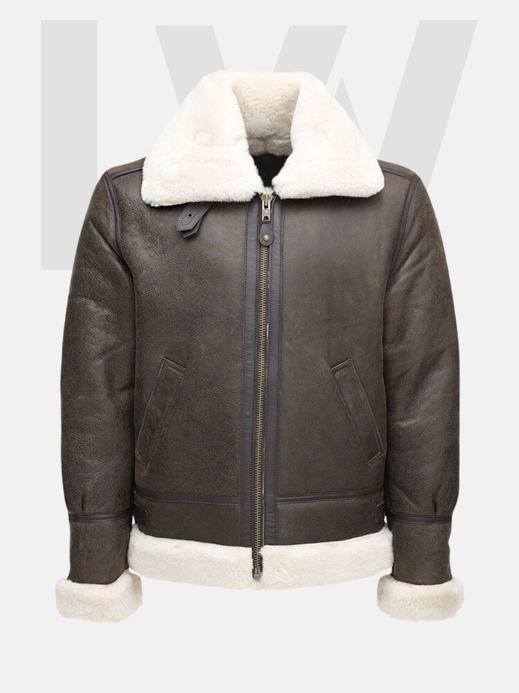 Leathwear Poacher B3 Distressed Brown Bomber Jacket Men With White Fur Front Side