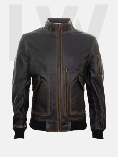 Powen MA-1 Vintage Brown Leather Bomber Jacket Men's