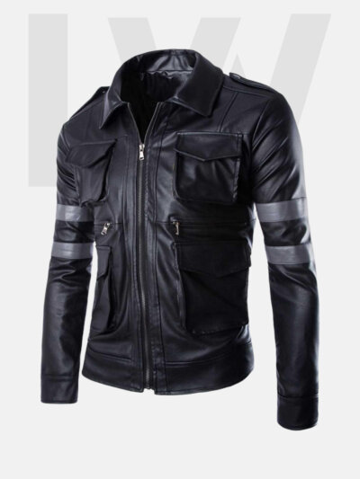 Raven Black Leather Jacket Men's With Gray Stripes