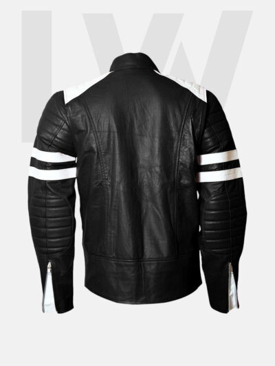 Leathwear Ray Black Leather Biker Jacket Men with White Stripes Back Side