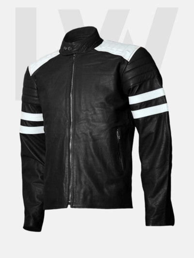Ray Black Leather Biker Jacket Men with White Stripes